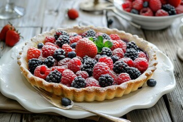 Delicious fruit tart adorned with fresh berries and powdered sugar on a rustic wooden table in soft natural light