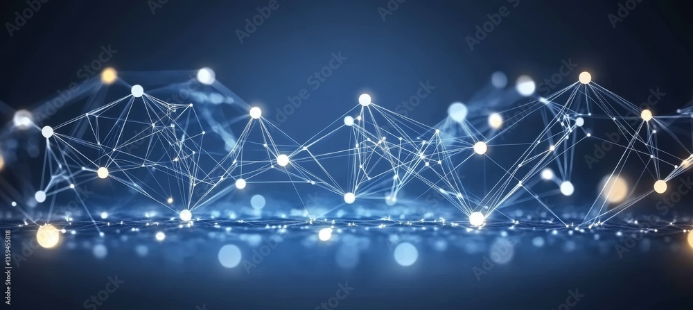 Poster abstract geometric circuitry glowing nodes and interconnected lines on a deep blue background