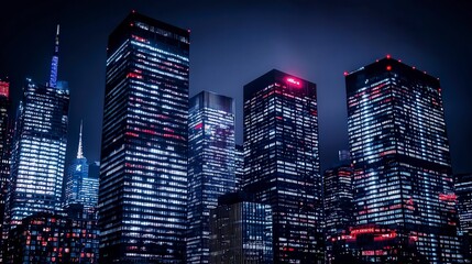 Obraz premium Night Cityscape Illuminated Skyscrapers Urban Landscape