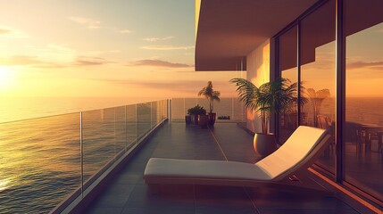 Fototapeta premium Modern seaside apartment balcony, glass barriers framing a dramatic ocean view, lounge chairs and potted plants creating a cozy setting, golden hour lighting, serene simplicity. 