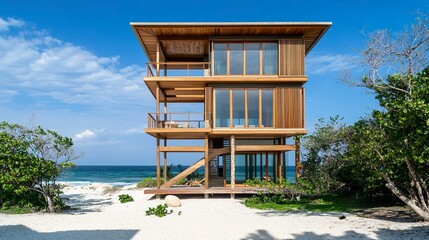 Modern wooden tower house by the ocean, blending natural materials with contemporary new urbanism design, surrounded by white sand and tropical beach scenery under vibrant midday sunlight 
