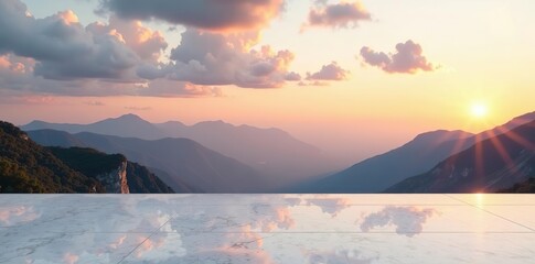 Empty marble floor with panoramic sky view of mountain at sunrise, perfect for product display or montage,  panoramic view,  bright