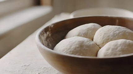 Fototapeta premium Artisan Bread Dough Balls in Wooden Bowl, Baking Preparation