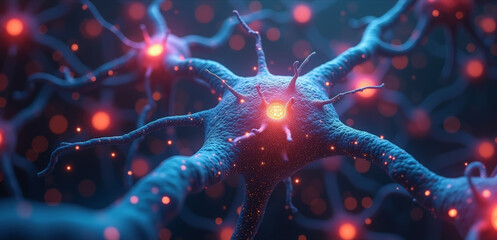 Close-up of a neural network with glowing neurons and synapses. A highly detailed visualization of interconnected neurons, firing synapses, and intricate neural pathways