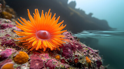 A vibrant orange anemone sits on a colorful textured rock underwater near a dark misty shore Water surface is above