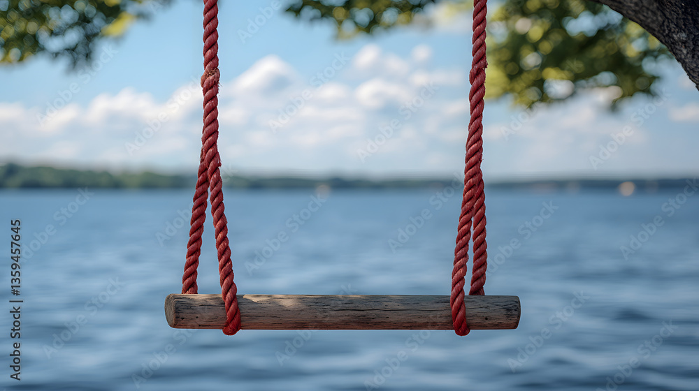 Poster swing by the lake: a rustic swing hangs from a tree branch overlooking a serene lake. the sun reflec
