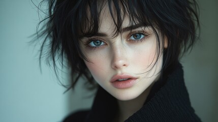 Portrait of a Young Woman with Dark Hair and Blue Eyes