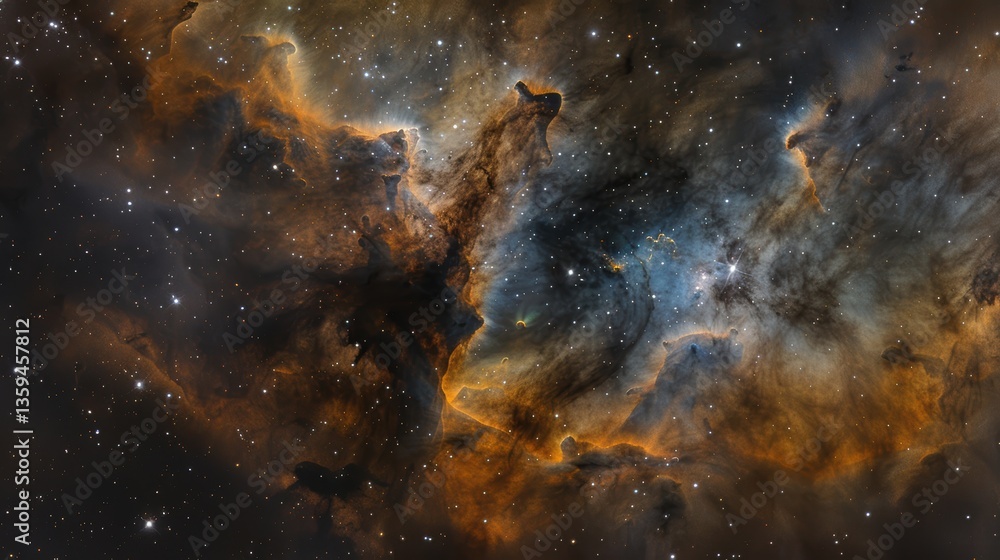 Poster nebula with swirling clouds of vibrant colors and glowing stars illuminated by a distant supernova i
