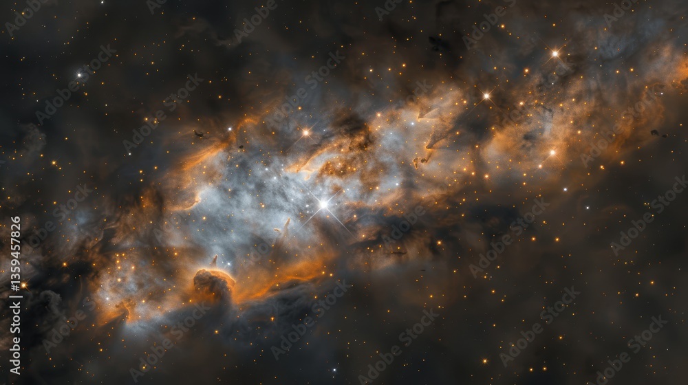Poster captivating deep space nebula with swirling clouds and glowing stars illuminated by a distant supern