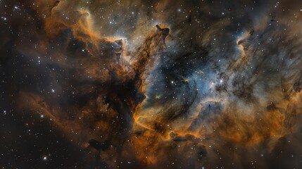 Fototapeta premium Nebula with swirling clouds of vibrant colors and glowing stars illuminated by a distant supernova in deep space