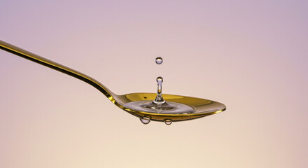 Spoon catching water droplets against a soft pastel background  