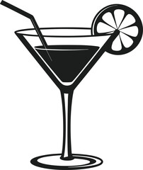 Elegant Cocktail Glass Silhouette with Lemon Slice and Straw – Vector Illustration