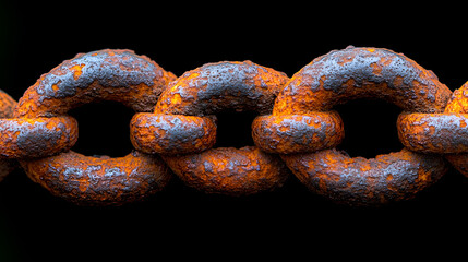 Fototapeta premium Rusty Chain: An up-close view of a rusty chain, each link showcasing the texture of decay and oxidation, set against a dark background. Capturing texture, age and decay.