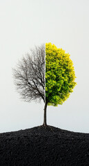 Minimalist tree divided between winter and spring, symbolizing duality, seasonal change and the transition from death to life. Ideal for concepts of nature, climate change and visual reflection.