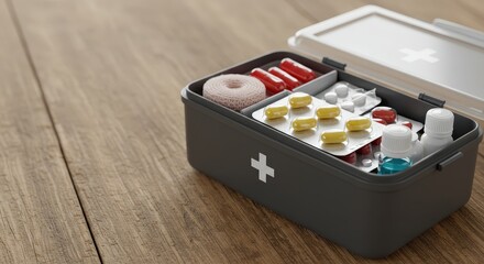 First Aid Kit with Medications on Wooden Table  