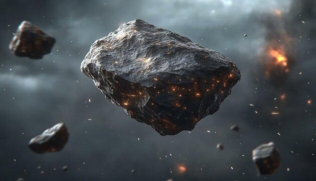 Several glowing asteroids floating in a dramatic and cloudy space - Powered by Adobe
