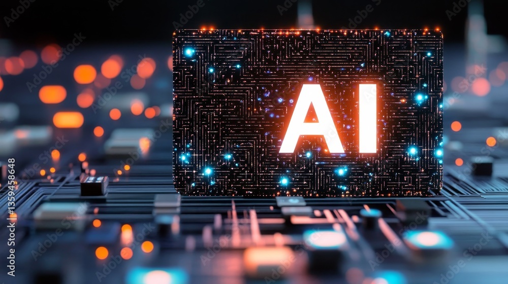 Poster artificial intelligence chip ai text glowing on circuit board, concept of machine learning