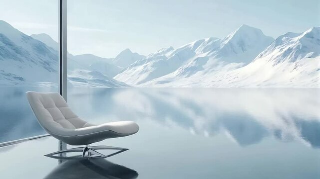 Relaxing video background, modern white chair in a serene snowy mountain landscape, tranquility