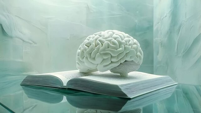 Illuminating video, brain bursting with bright light on an open book, symbolizing enlightenment and knowledge