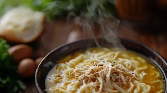 Delicious video, steaming bowl of noodles with herbs and eggs, comforting food,