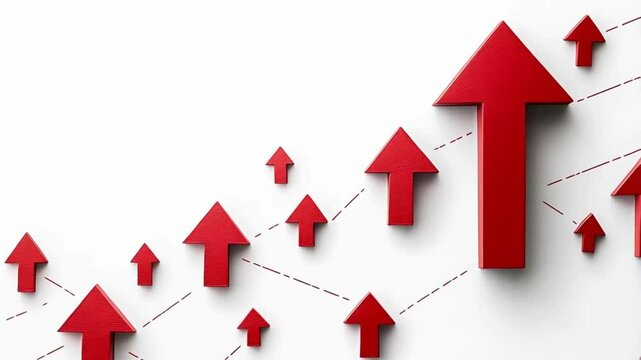Dynamic animation background, upward red arrows representing growth and progress, copy space