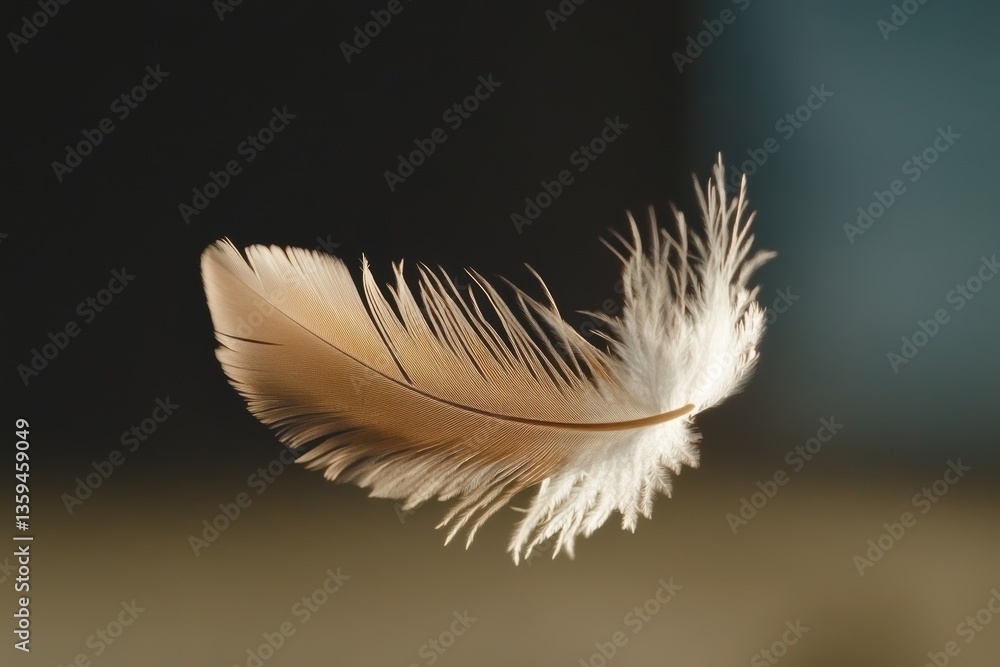 Poster close-up view of a delicate feather gently floating in the air captured in stunning 8k resolution