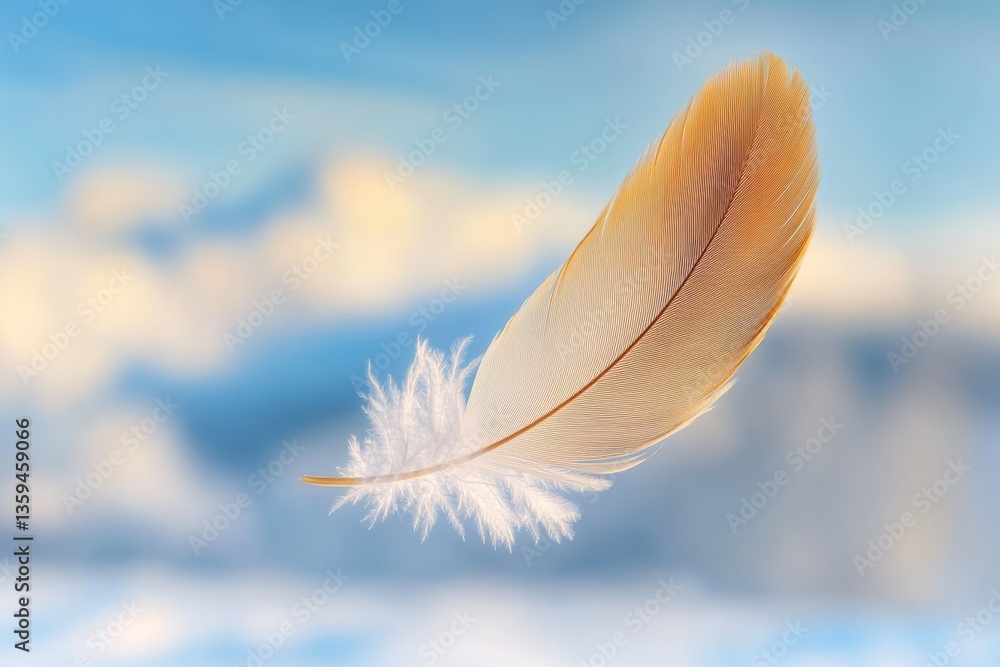 Poster close-up view of a delicate feather floating gracefully in the air against a soft, blurred backgroun