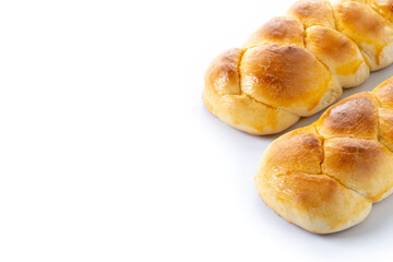 Traditional Easter braided bread. Tsoureki braid isolated on white background. Copy space