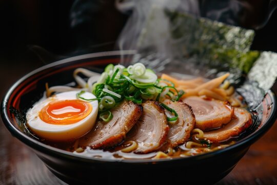 Perfect ramen bowl featuring soft-boiled egg, chashu pork, and steam at a local eatery