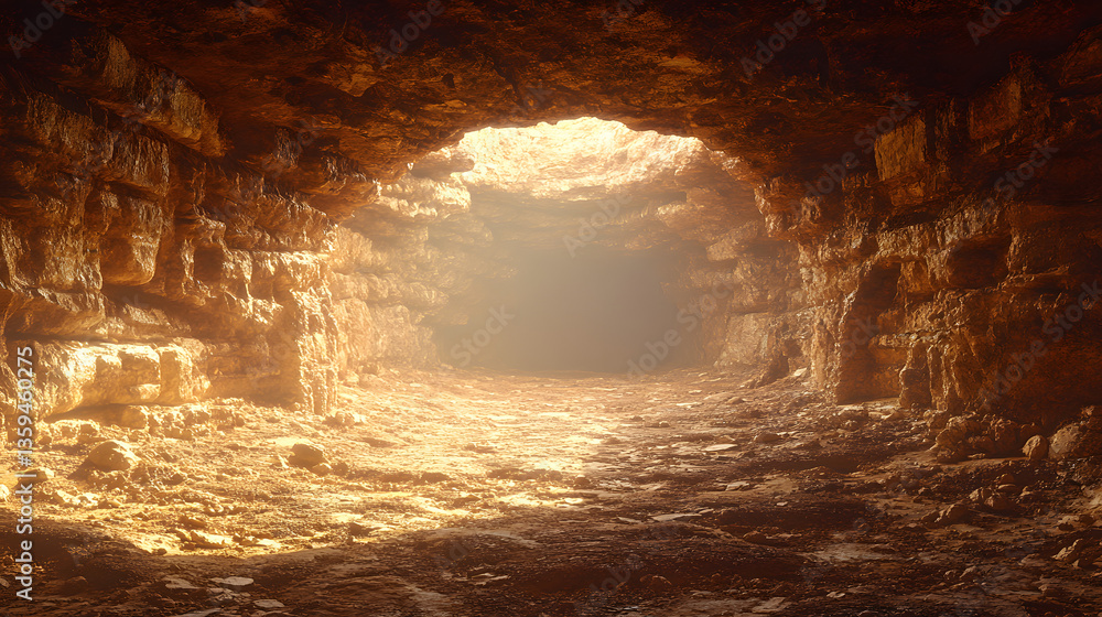 Poster mysterious cave interior: a captivating view from within a mysterious cave, where golden light spill