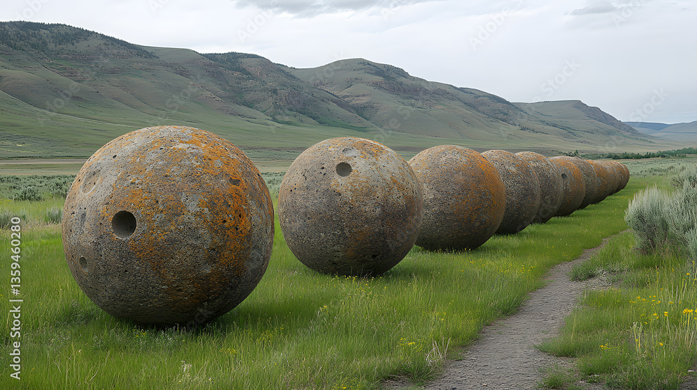 Poster stone spheres in the wilderness: a line of weathered stone spheres, reminiscent of ancient artifacts