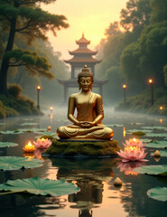 Serene vesak day celebration with buddha statue in tranquil lotus pond