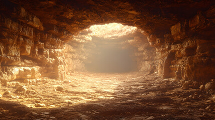 Mysterious Cave Interior: A captivating view from within a mysterious cave, where golden light spills in from an opening, creating a breathtaking scene of natural formations.