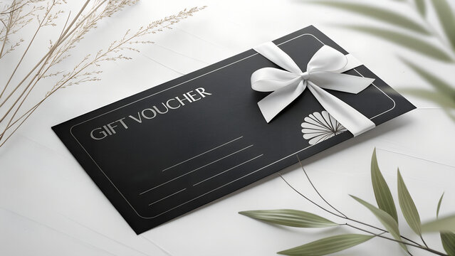 Elegant gift voucher with ribbon against a minimalist background  