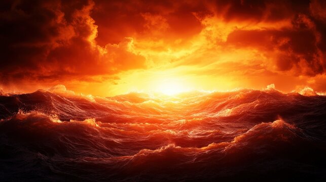 A stunning sunset casts vibrant orange hues over tumultuous ocean waves, creating a dramatic seascape filled with energy and beauty.