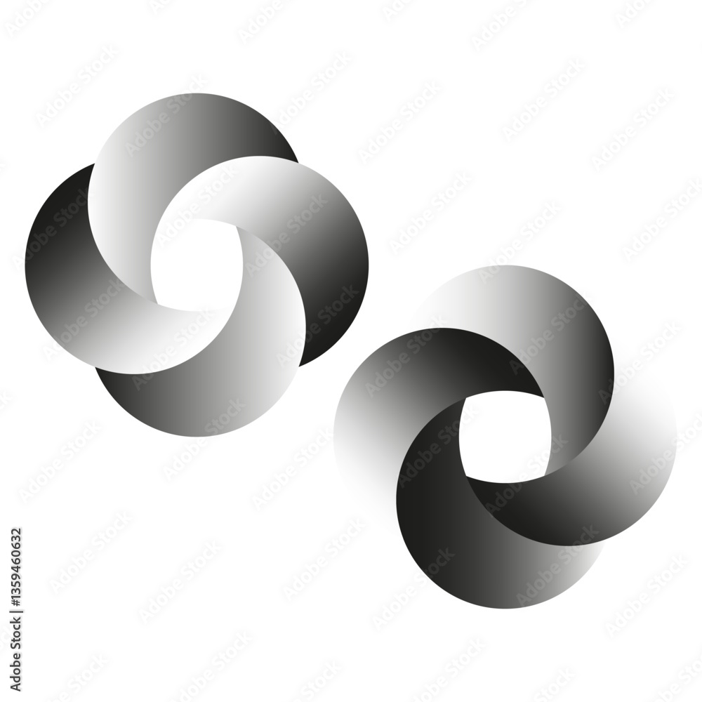 Poster monochrome swirl shapes. black and white loops. circular abstract icons. gradient illusion design.
