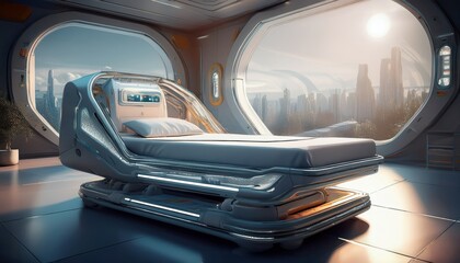 Obraz premium State of the art medical bed in a high tech research lab overlooking a stunning futuristic city