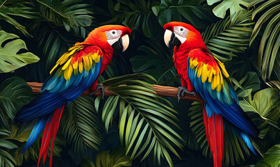 Obraz premium Two vibrant macaws perched on a branch amidst lush green tropical foliage, showcasing their colorful plumage