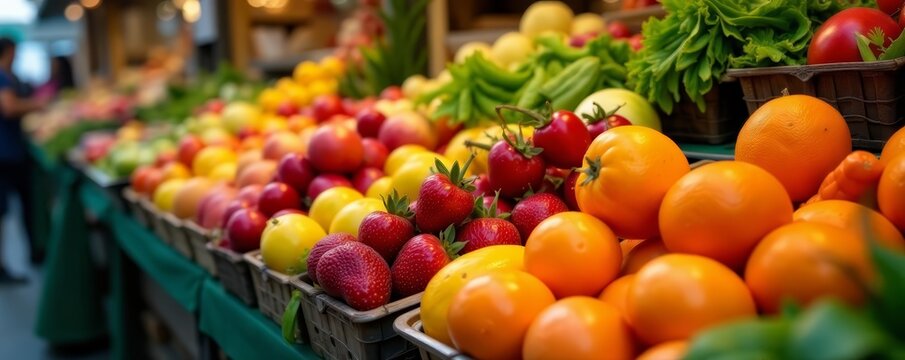 A colorful display of assorted fresh fruits and vegetables in a bustling market, farm, colorful, organic