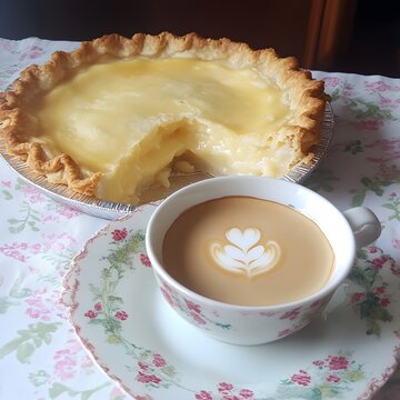 Delicious Creamy Custard Pie with Latte Art Coffee