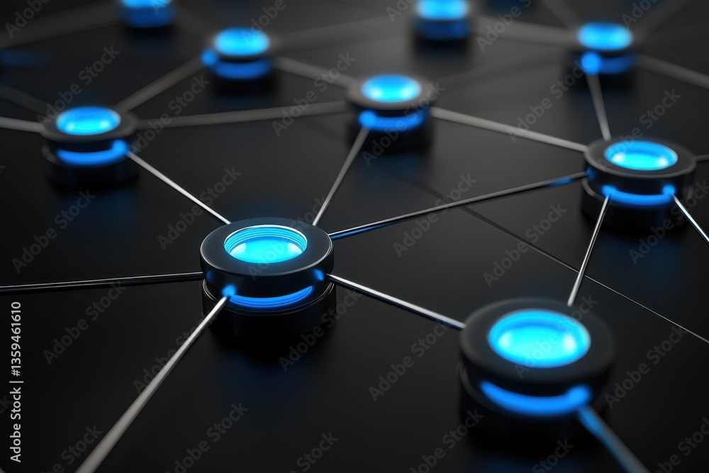Poster blue network nodes connected by lines on a dark, reflective surface. perfect to illustrate blockchai