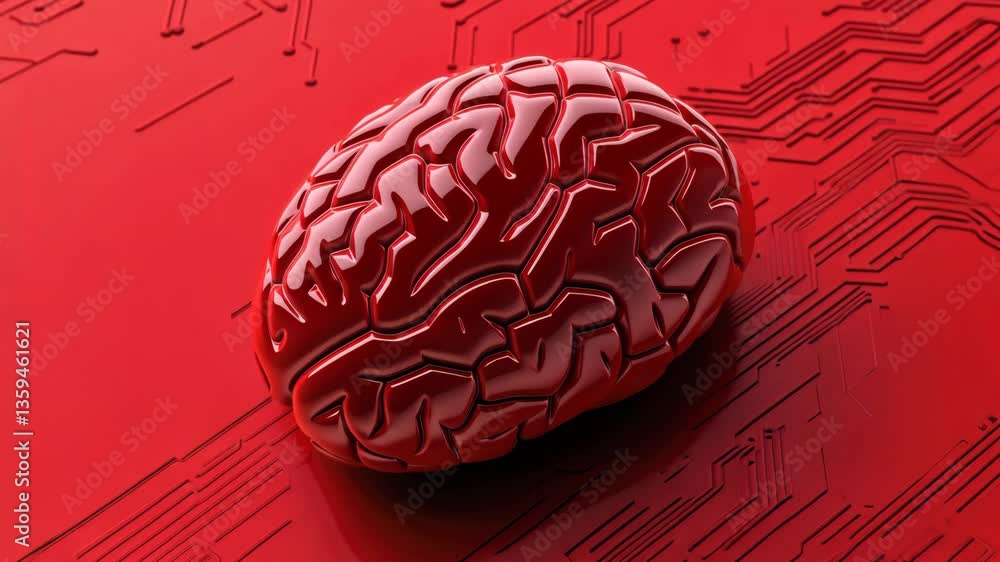 Poster shiny red brain model on circuit board fusion of technology and human intelligence with vibrant red 