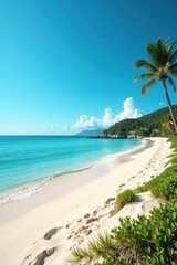 Fototapeta premium Empty sandy beach with clear blue sea in the background, perfect summer getaway spot, beauty, idyllic