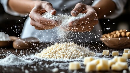 Flour is being poured over dough by hands.  Dough ingredients are being prepped on a dark wood table