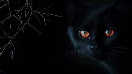 Fototapeta premium Mysterious Black Cat Portrait Dark Fur Orange Eyes Night Wildlife
