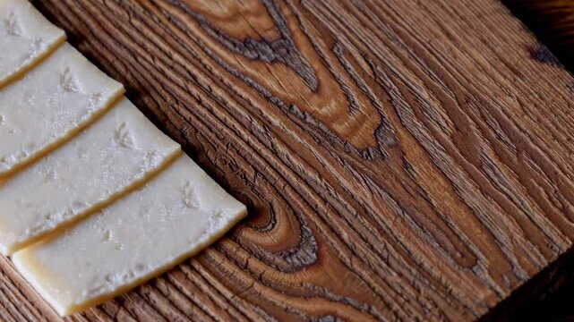 Slices of cheese arranged on rustic wooden board with changing arrangement. 4k stock footage