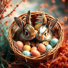 Two Easter Bunnies with Decorated Eggs in Festive Basket or Natural Setting, Cute Holiday Scene