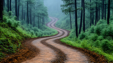 Obraz premium A winding dirt road cuts through a dense foggy forest filled with tall trees and lush ferns on a mysterious tranquil j