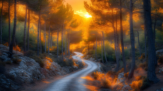A winding dirt road curves through a forest of tall trees under a golden sunset with sunlight shining through the branc