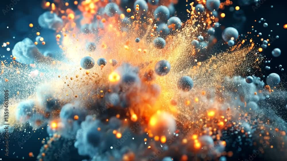 Poster dynamic explosion of colorful particles and spheres creates vibrant and energetic scene with bright 